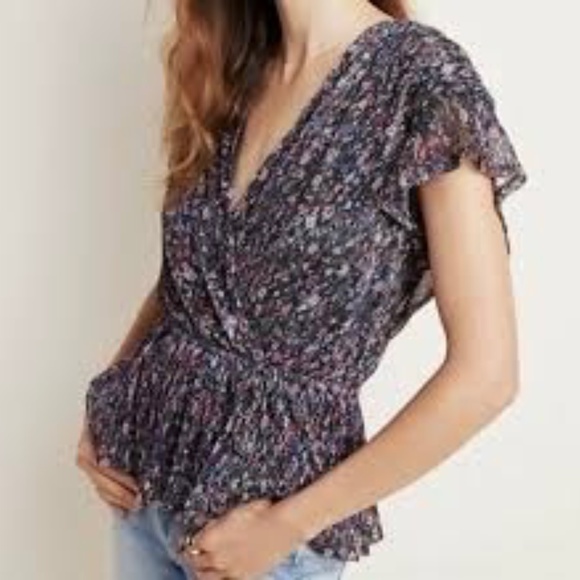 Anthropologie Tops - Anthro | NWT Floral Metallic Faux Wrap Tie Peplum Waist Short Sleeve Mesh Blouse